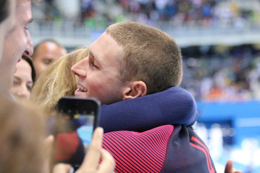 Katy Murphy hugs her son at the Rio Olympics. Photo courtesy Katy Murphy