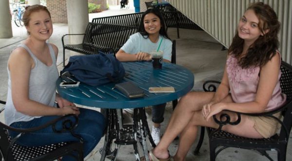 (Left to right) Shannon Hogan is a sophomore studying exercise science, Tori Somsak is a junior studying finance, and Emily Spencer is a sophomore studying international business. Photo by Lili Weinstein. 