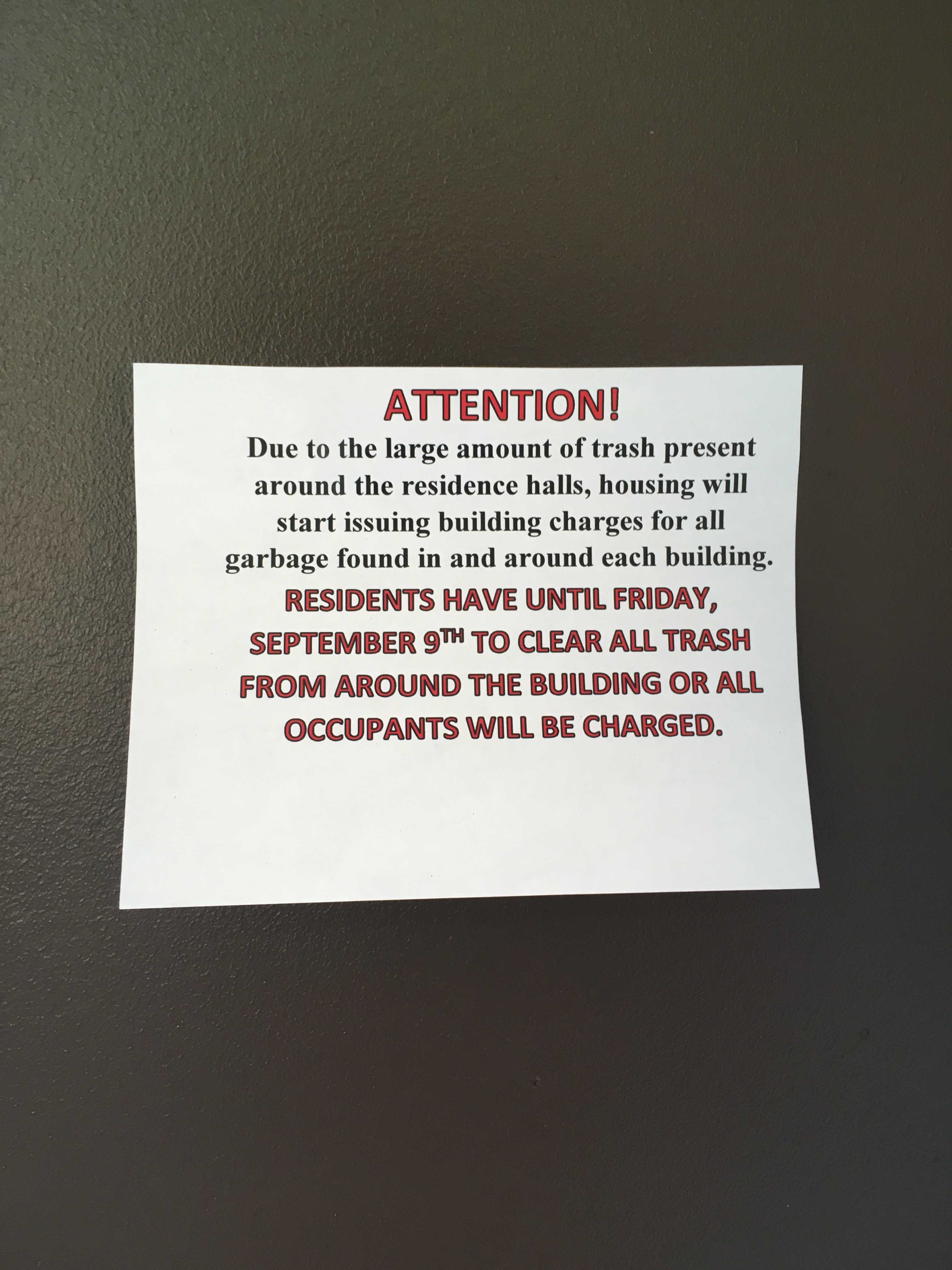 The notice that was posted on student's doors. Photo by Dianne Colley