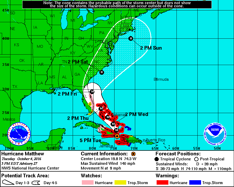 Latest track shows Matthew coming closer to the coast. Graphic courtesy National Hurricane Center