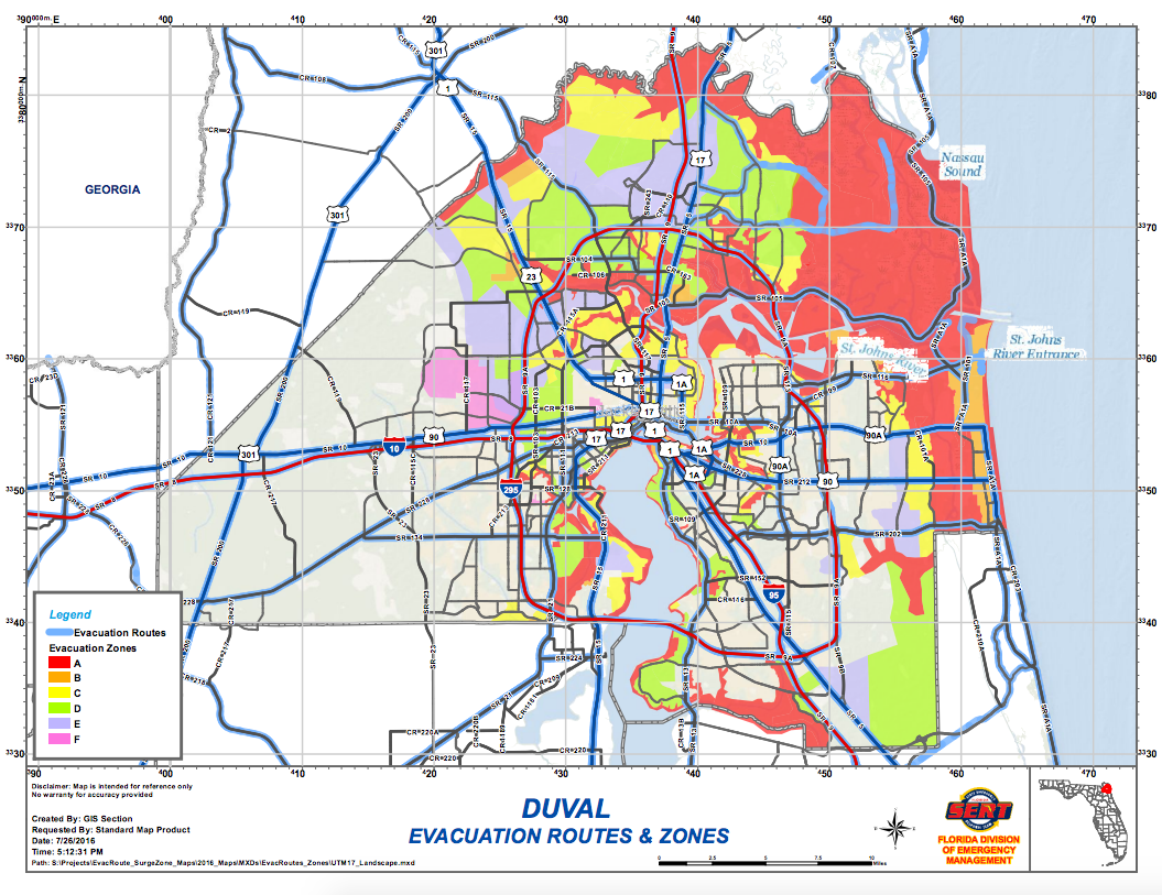 Evacuation Routes for Duval County. Graphic Courtesy FloridaDisasters.org
