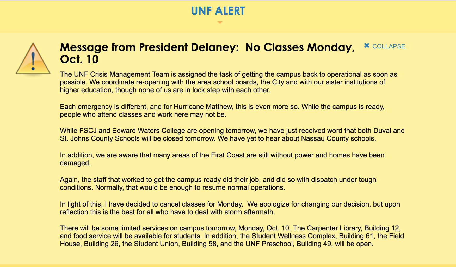 The alert that was sent out to students. Screenshot from UNF.edu