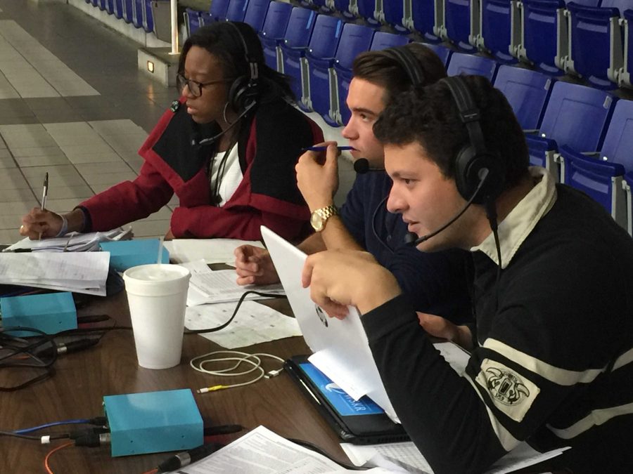 The Spinnaker team at the first Play by Play of a womens basketball game. From left is Joslyn Simmons, Will Weber and Al Huffman. 