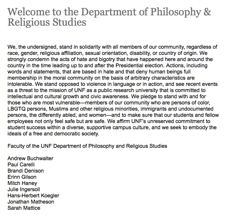 The full letter on the Department of Philosophy and Religious Studies homepage. 