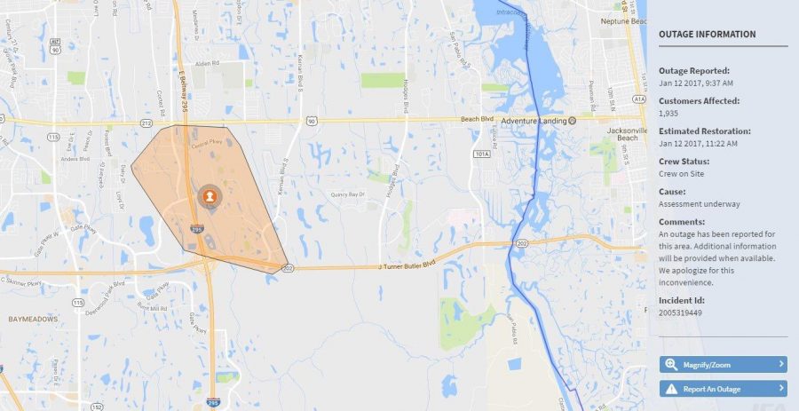 A map of the Southside area shows who was affected by the power outages. Map courtesy JEA.