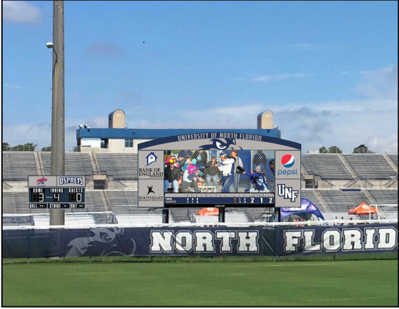 Image of the softball scoreboard and video board design.  Photo courtesy of UNF Athletics.