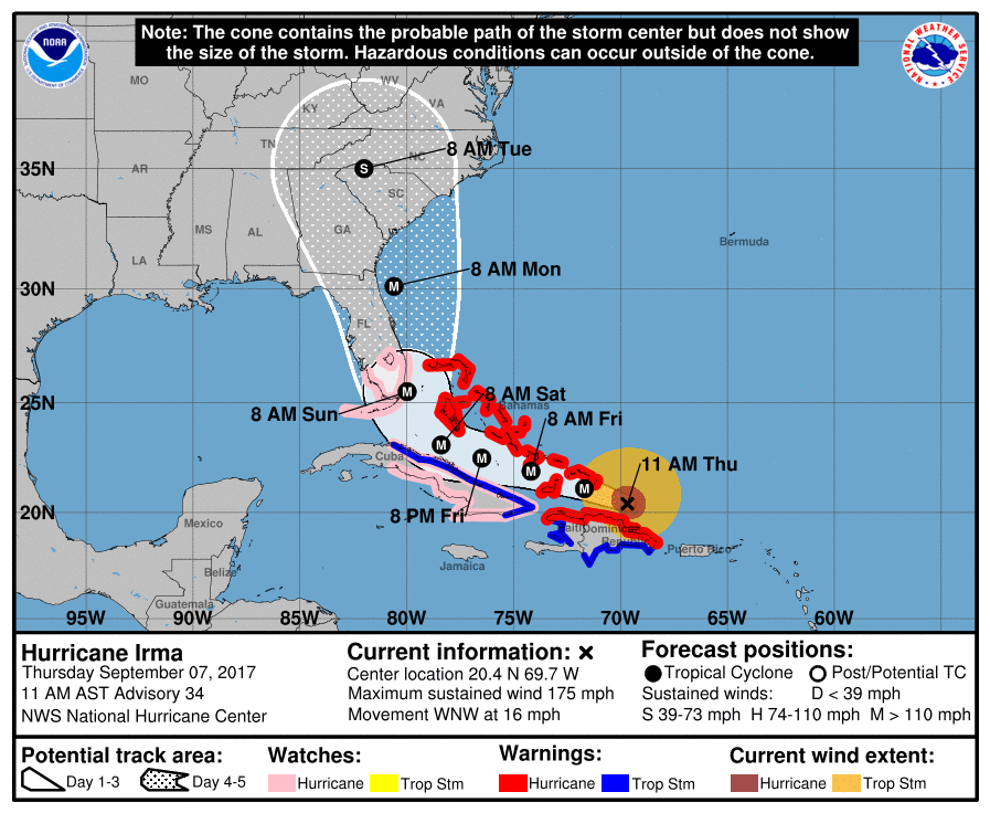 Highlighted in pink are the counties under Hurricane Watch. NHC