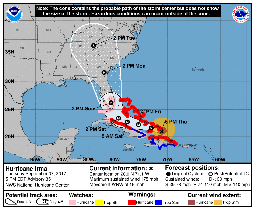 The 5 p.m. update shows the storm shifting West. National Hurricane Center