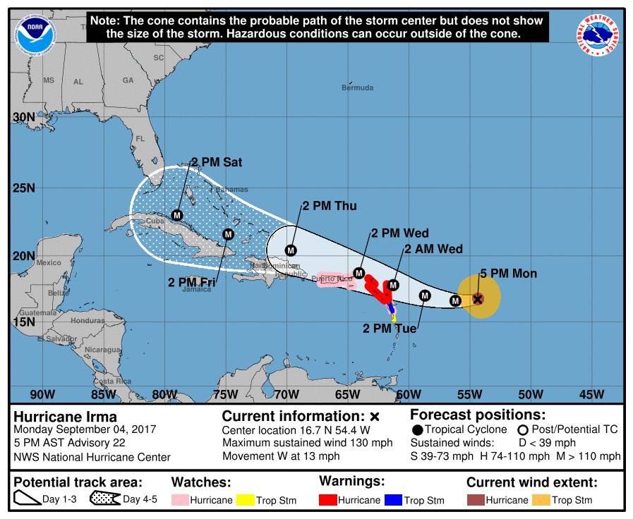 Hurricane Irma is predicted to impact Florida over the weekend. Photo from National Hurricane Center.