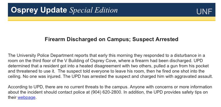 The Osprey Update that was sent to students Friday morning regarding the shooting.