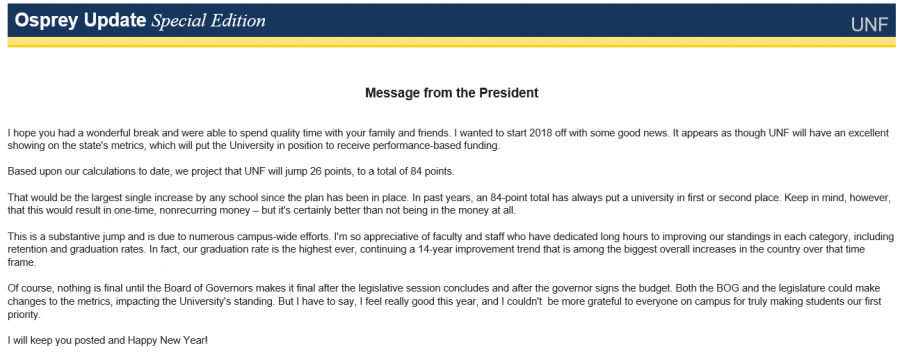 Osprey Update sent by UNF President John Delaney.