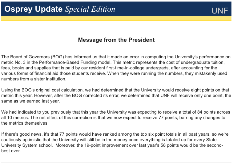 President John Delaney sent out a special Osprey Update to students informing them about the lower metric points.