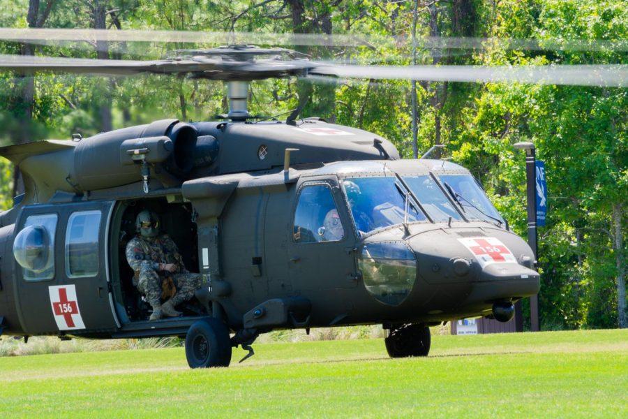 The Blackhawk Helicopter taking off.