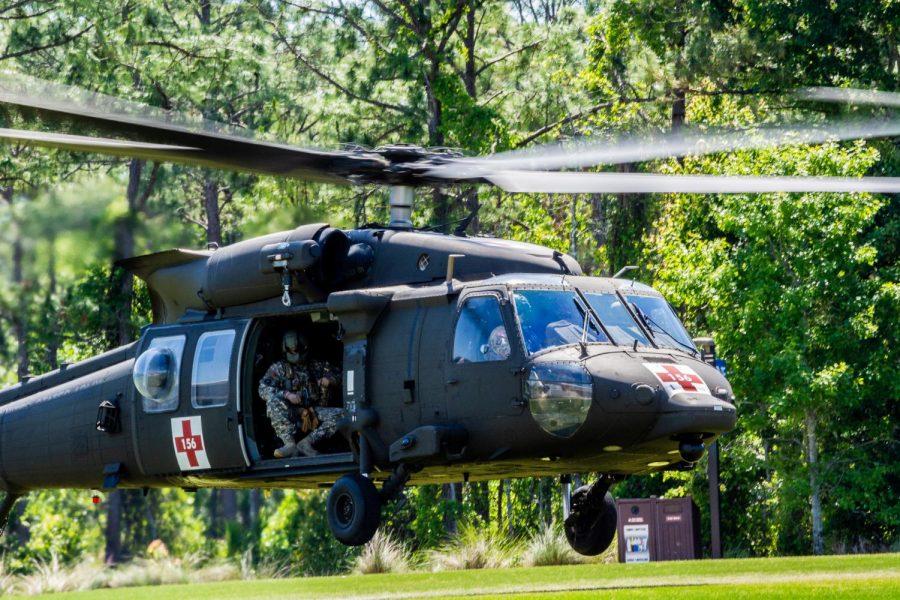 The Blackhawk Helicopter in mid-air for a drill.
