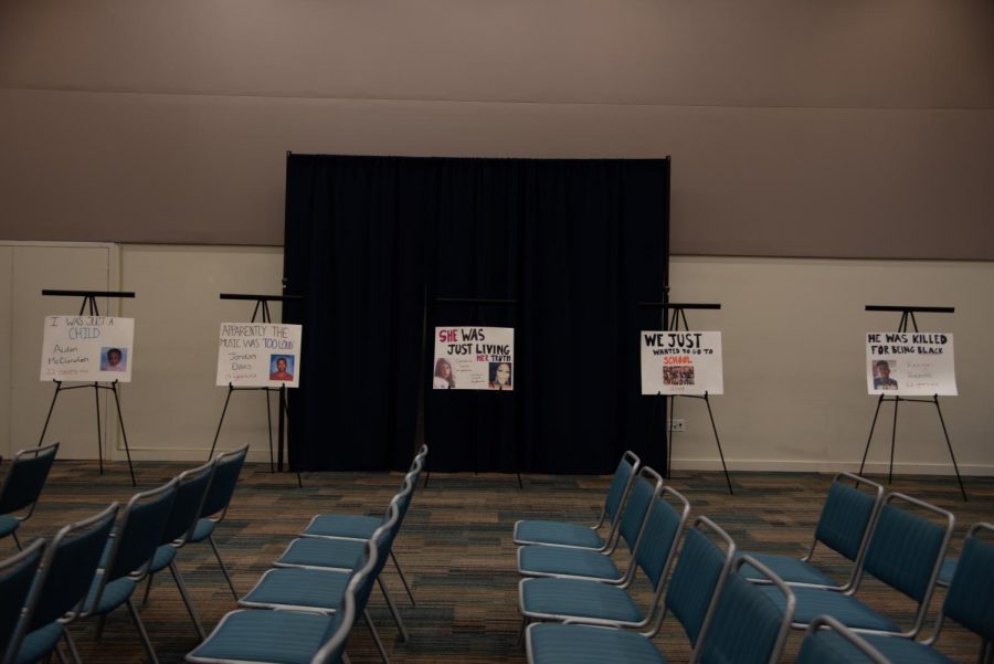 An array of posters was set up in the town hall.