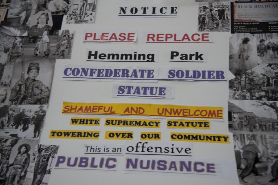 Attendees ask for the Confederate soldier statue in Hemming Park to be replaced.