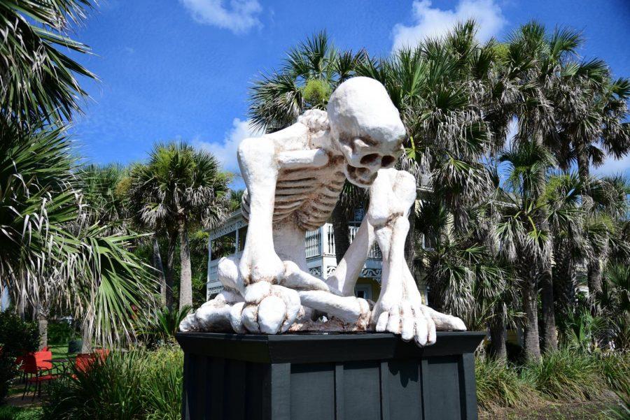 Matt Stanford, "Crouching Skeletal Figure", 2017, fiberglass, wood. An older sculpture in the Sculpture Park.