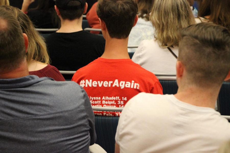 Town Hall attendee wearing a #NeverAgain shirt. 