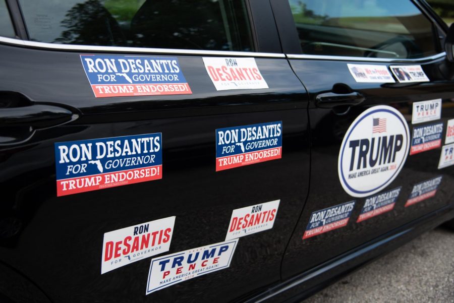 A car decorated in support of Ron DeSantis.
