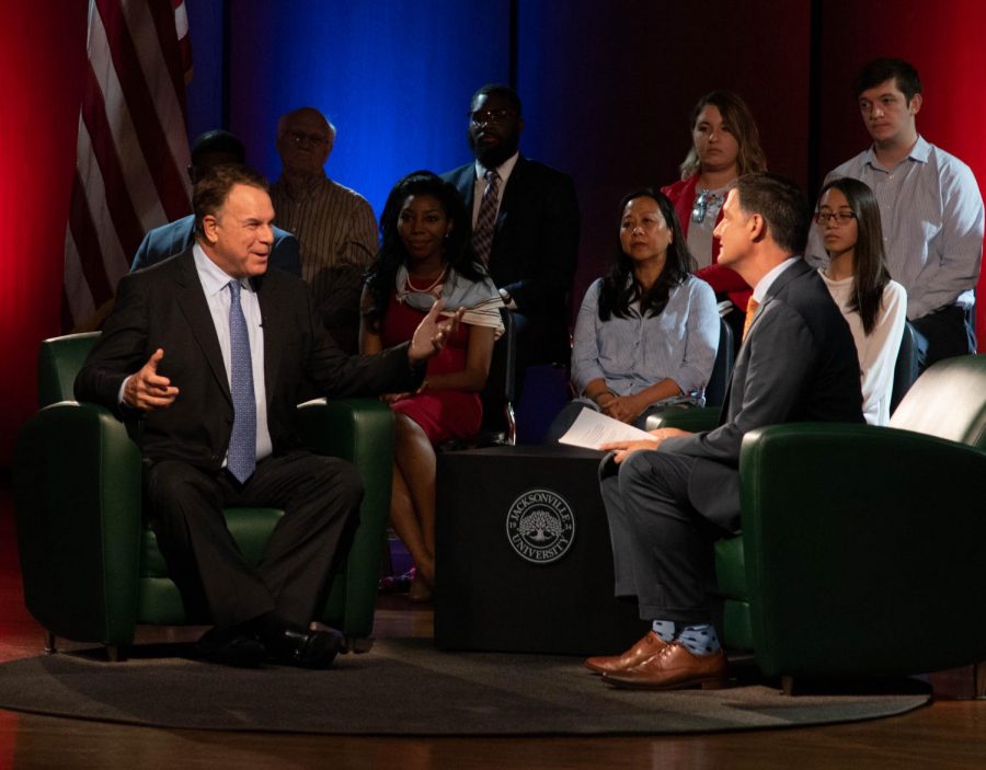 Jeff Greene answers questions from Kent Justice during the Town Hall Forum
