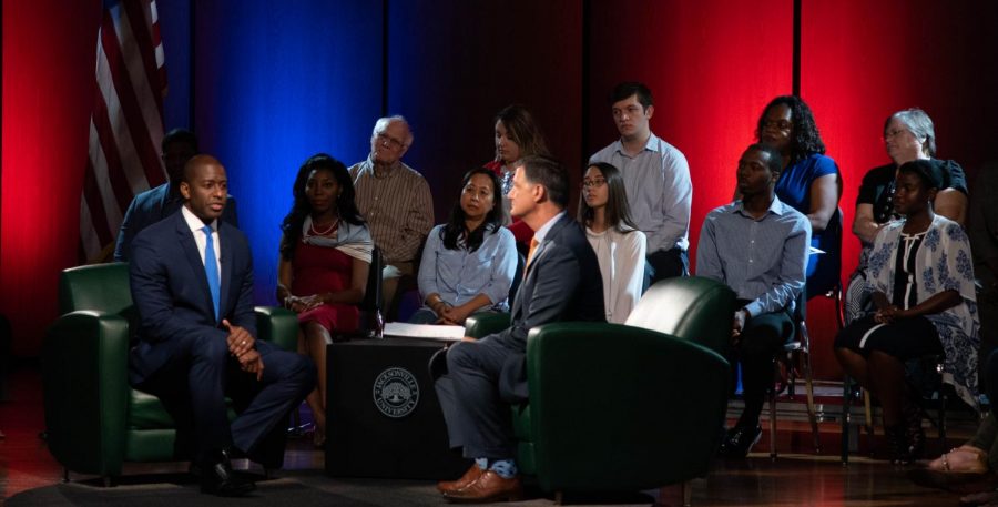 Andrew Gillum answers questions from Kent Justice during the Town Hall Forum.
