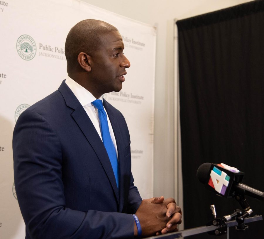 Andrew Gillum answers questions from the press after the Town Hall Forum.