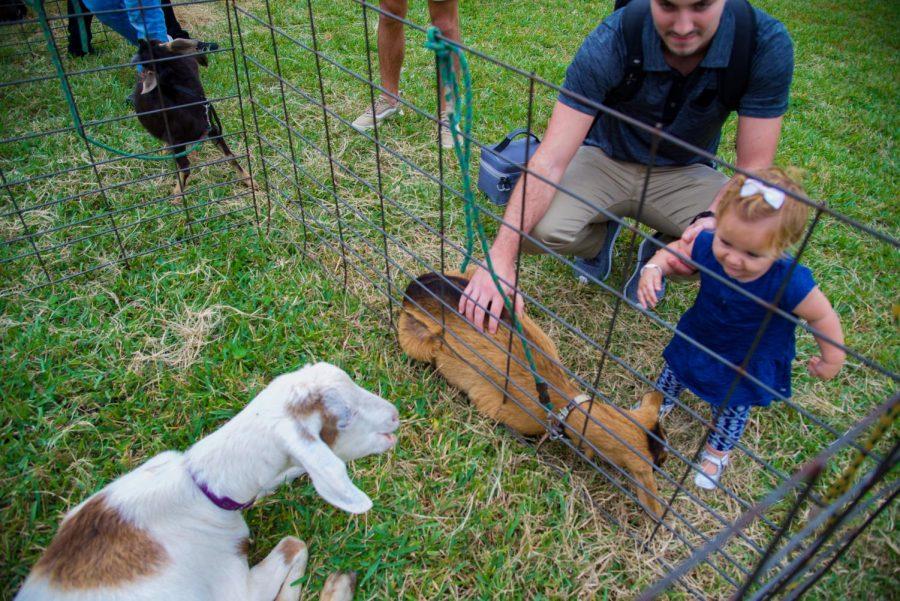 Students and children enjoying the petting zoo animals.