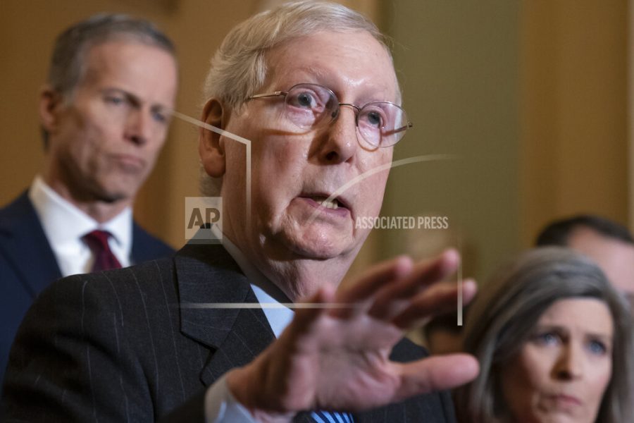 Senate Majority Leader Mitch McConnell, R-Ky., joined by Majority Whip John Thune, R-S.D., left, and Sen. Joni Ernst, R-Iowa, tells reporters he has secured enough Republican votes to start President Donald Trumps impeachment trial and postpone a decision on witnesses and documents Democrats want, at the Capitol in Washington, Tuesday Jan. 7, 2020. The trial could start as soon as this week if House Speaker Nancy Pelosi releases the articles of impeachment. (AP Photo/J. Scott Applewhite)