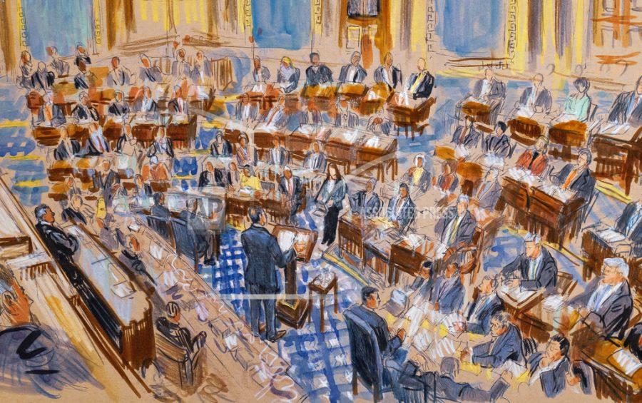 This artist sketch depicts White House counsel Pat Cipollone speaking in the Senate chamber during the impeachment trial against President Donald Trump on charges of abuse of power and obstruction of Congress, at the Capitol in Washington, Tuesday, Jan. 21, 2020.  (Dana Verkouteren via AP)