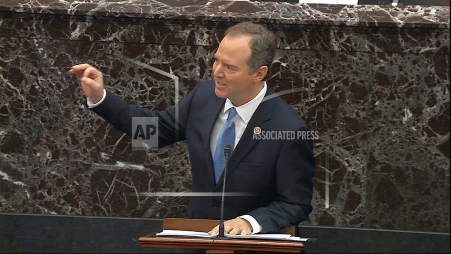 In this image from video, House impeachment manager Rep. Adam Schiff, D-Calif., speaks during the impeachment trial against President Donald Trump in the Senate at the U.S. Capitol in Washington, Thursday, Jan. 23, 2020. (Senate Television via AP)