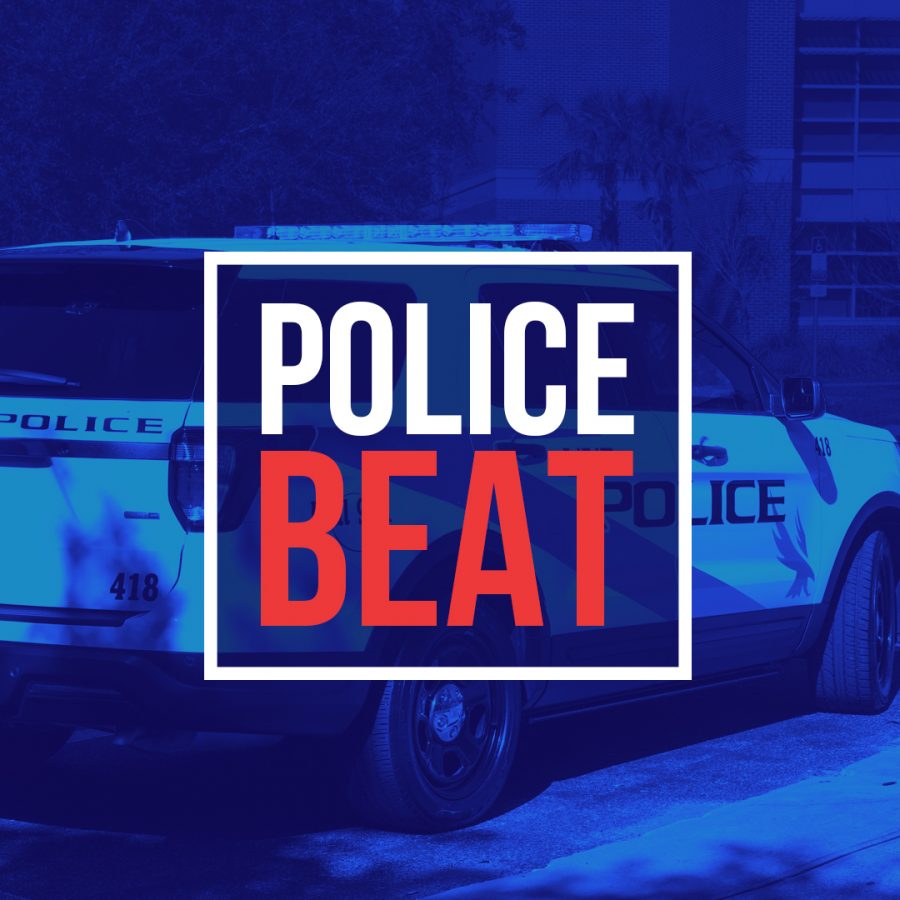 The words "Police Beat" are written in red and white, surrounded by a white square outline. In the background, a University of North Florida Police Department cruiser is tinted blue.