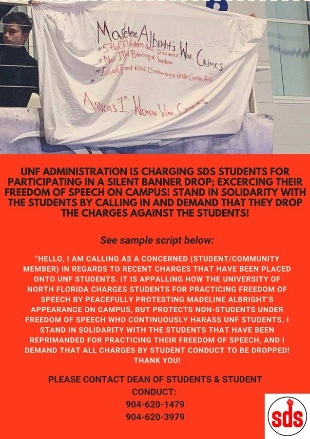 UNF SDS asks for students to call the Dean of Students and Student Conduct to overturn the charges brought on by their silent banner drop on February 5, 2020. From UNF SDS Facebook.