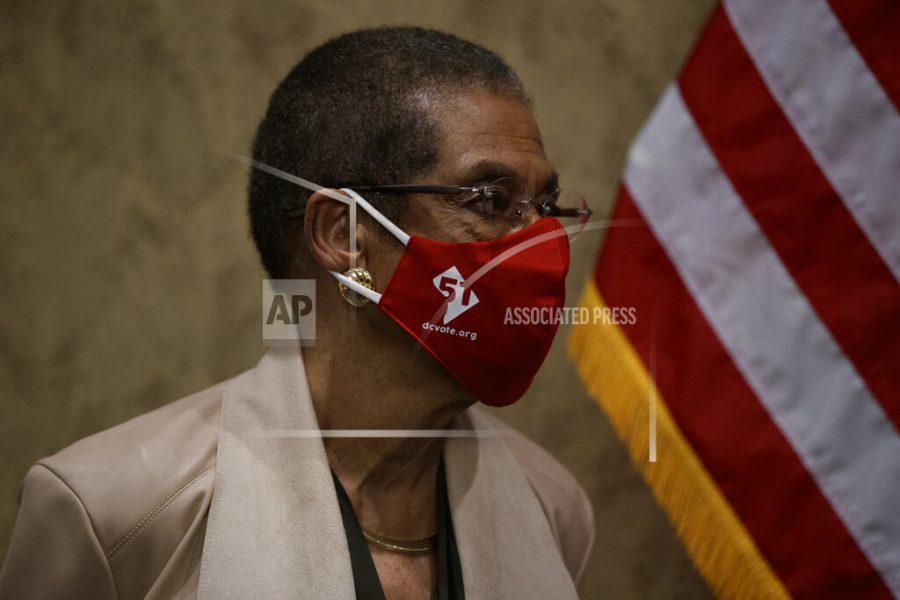 Delegate Eleanor Holmes Norton, D-D.C., wears a 51st state facemask during a news conference on Capitol Hill in Washington, Thursday, June 25, 2020, about D.C. statehood. (AP Photo/Carolyn Kaster)