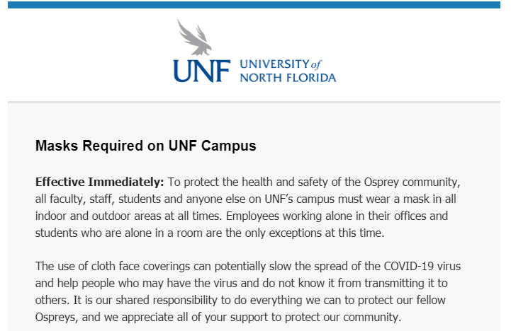 UNF announces mask requirement on campus