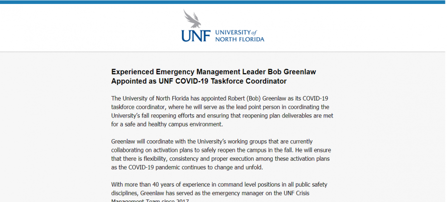 UNF names Bob Greenlaw as COVID-19 Taskforce Coordinator