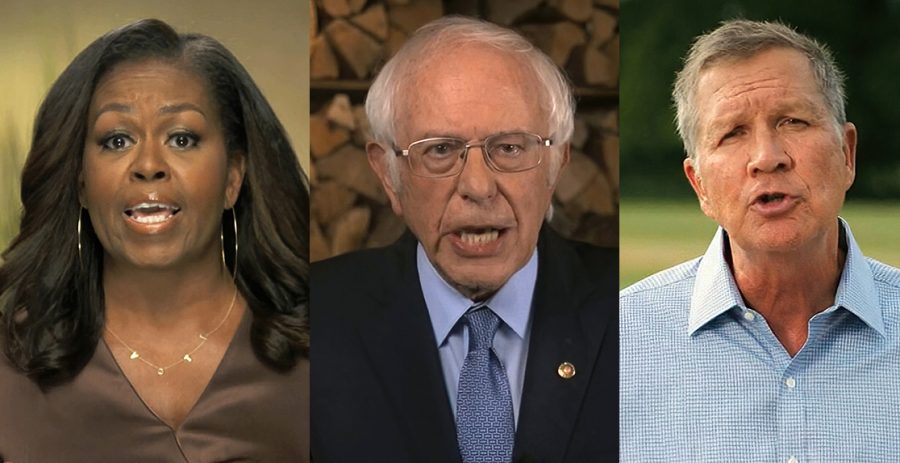 In this combination image from video, former first lady Michelle Obama, Sen. Bernie Sanders, I-Vt., and former Republican Ohio Gov. John Kasich speak during the first night of the Democratic National Convention on Monday, Aug. 17, 2020. (Democratic National Convention via AP)