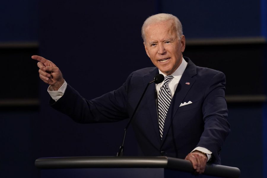 Democratic presidential candidate former Vice President Joe Biden gestures while speaking during the first presidential debate Tuesday, Sept. 29, 2020, at Case Western University and Cleveland Clinic, in Cleveland, Ohio. (AP Photo/Patrick Semansky)
