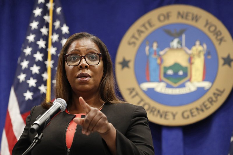 FILE- In this Aug. 6, 2020 file photo, New York State Attorney General Letitia James takes a question at a news conference in New York. Federal regulators and a group of states launched a landmark antitrust offensive against Facebook, accusing the social network of abusing its market power in social networking to crush smaller competitors. “It’s really critically important that we block this predatory acquisition of companies and that we restore confidence to the market,” said James during a press conference announcing the lawsuit. (AP Photo/Kathy Willens, File)