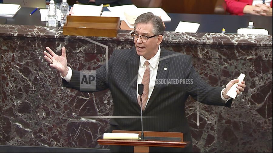 In this image from video, Bruce Castor, an attorney for former President Donald Trump, speaks during the second impeachment trial of Trump in the Senate at the U.S. Capitol in Washington, Tuesday, Feb. 9, 2021. (Senate Television via AP)