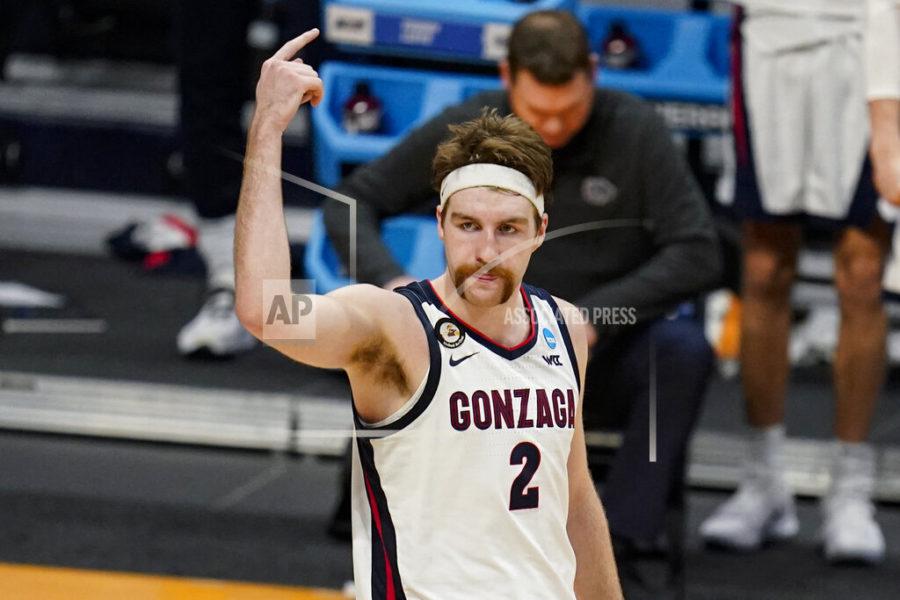 Gonzaga forward Drew Timme (2) celebrates in the second half of a second-round game iagainst Oklahoma n the NCAA mens college basketball tournament at Hinkle Fieldhouse in Indianapolis, Monday, March 22, 2021. (AP Photo/Michael Conroy)