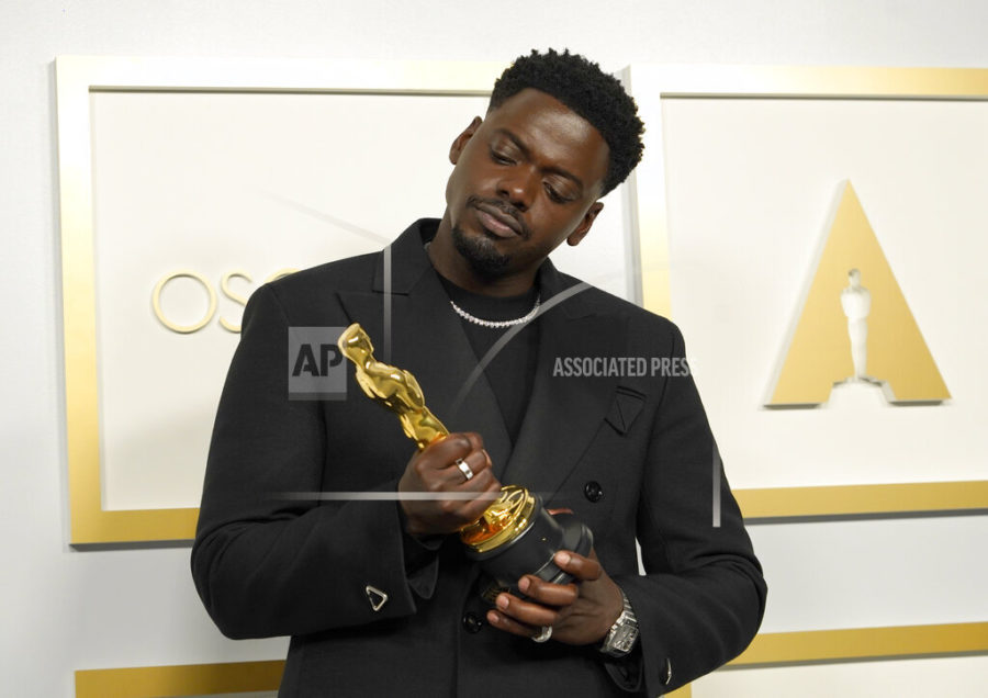 Daniel Kaluuya, winner of the award for best actor in a supporting role for Judas and the Black Messiah, poses in the press room at the Oscars on Sunday, April 25, 2021, at Union Station in Los Angeles. (AP Photo/Chris Pizzello, Pool)