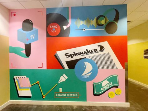 A mural painted on Spinnaker's front office wall, featuring colors of blue, red, green and pink with illustrations of newspapers, social media, radio waves and TV