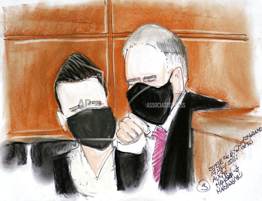 This artist rendering shows Assistant U.S. Attorneys Jennifer Herrington, left, and Roger Handberg during a hearing for Joel Greenberg in federal court in Orlando, Fla., on Monday, May 17, 2021. Greenberg emerged as a central figure in the Justice Departments sex trafficking investigation into U.S. Rep. Matt Gaetz, R-Fla. (AP Photo/Steve Bridges)