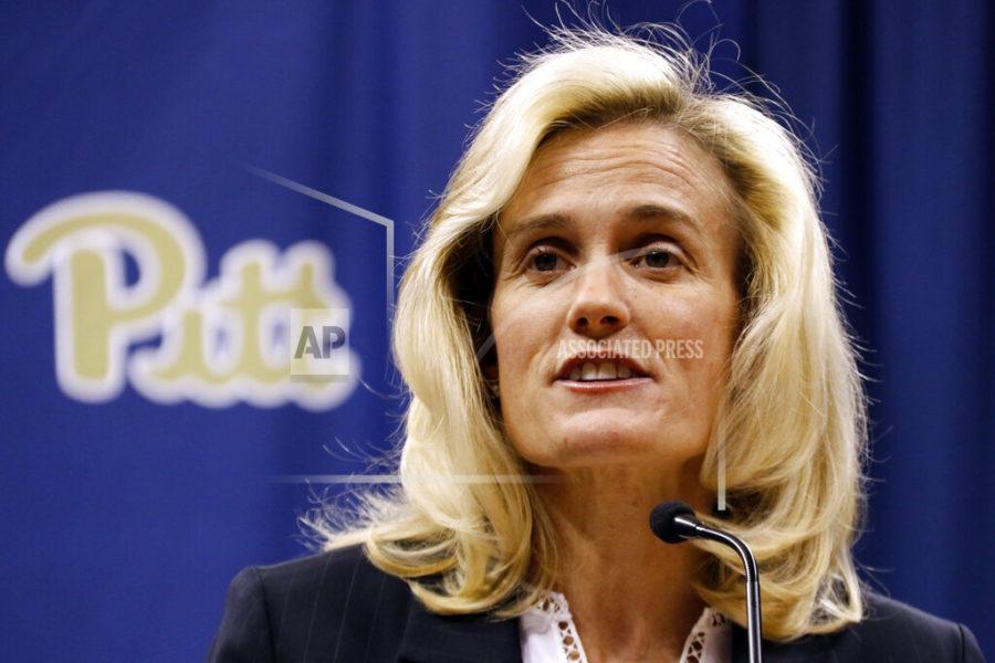 FILE - Heather Lyke makes remarks after being introduced as the new athletic director at the University of Pittsburgh, in Pittsburgh, Pa., in this March 20, 2017, file photo. An outside company could help a school monitor NIL deals athletes are making and assess market value, but what if the final version of whatever law that comes out of Capitol Hill prohibits schools from doing that? “I wanted us to know what we needed first before just going to the market, because they’ll sell you everything,” Pittsburgh athletic director Heather Lyke said. (AP Photo/Gene J. Puskar, File)