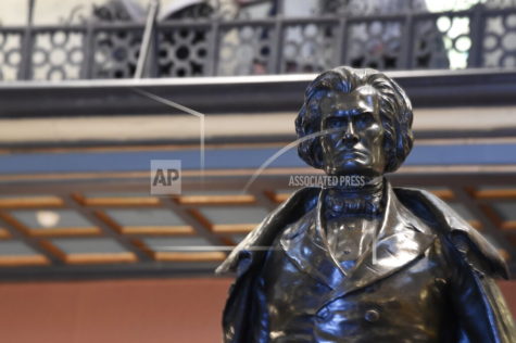 A statue of former Vice President John C. Calhoun, a South Carolina native, stands in the lobby of the Statehouse on Tuesday, Jan. 12, 2021, in Columbia, S.C. Republican South Carolina legislative leaders are unlikely this year to give permission to local governments or colleges who want to take down Confederate statues or rename buildings honoring segregationists. (AP Photo/Meg Kinnard)