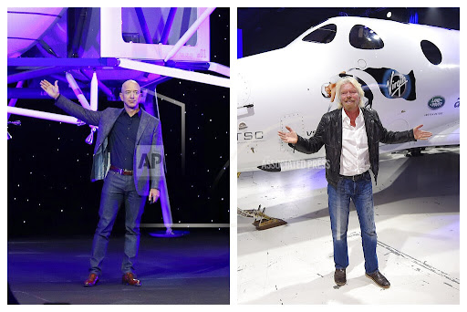 This combination of 2019 and 2016 file photos shows Jeff Bezos with a model of Blue Origins Blue Moon lunar lander in Washington, left, and Richard Branson with Virgin Galactics SpaceShipTwo space tourism rocket in Mojave, Calif. The two billionaires are putting everything on the line in July 2021 to ride their own rockets into space. (AP Photo/Patrick Semansky, Mark J. Terrill)