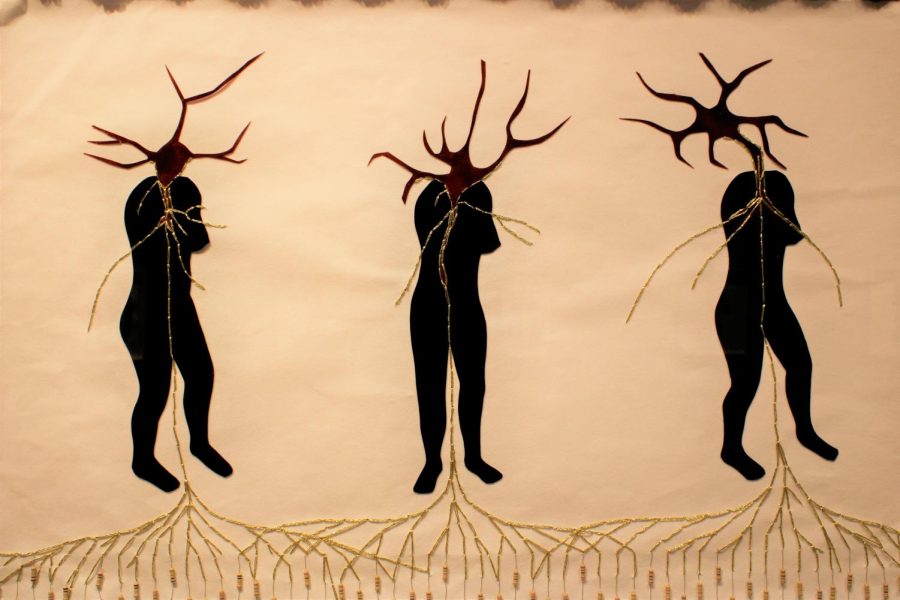 Image of a piece named you are your best thing, 2019. From the Provenance series. Velour paper, embroidered thread surface with glass beads, electronic resistors, and fabric trim.