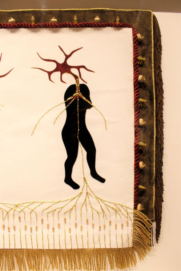 Image of a piece named you are your best thing, 2019. From the Provenance series. Velour paper, embroidered thread surface with glass beads, electronic resistors, and fabric trim.