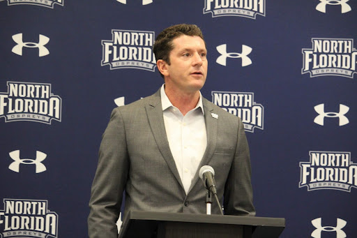 UNF Director of Athletics Nick Morrow speaks at media day, revealing the arena renovation plans to those in attendance.