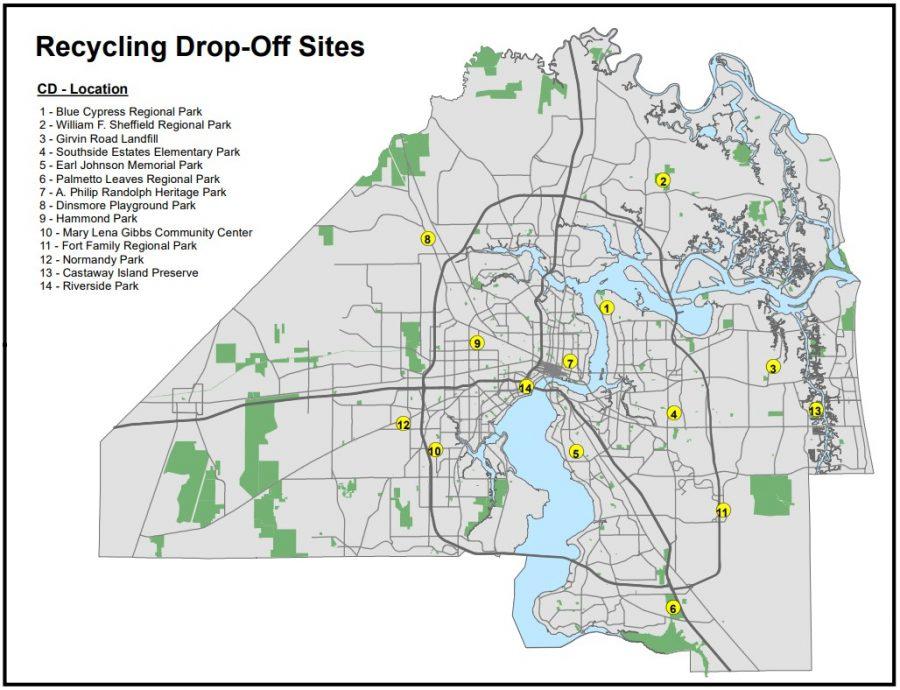 An October 2021 chart of all Jacksonville recycling drop-off sites. Curbside recycling pick up across Jacksonville was suspended in late 2021 to address a nationwide labor shortage due to the COVID-19 pandemic. 